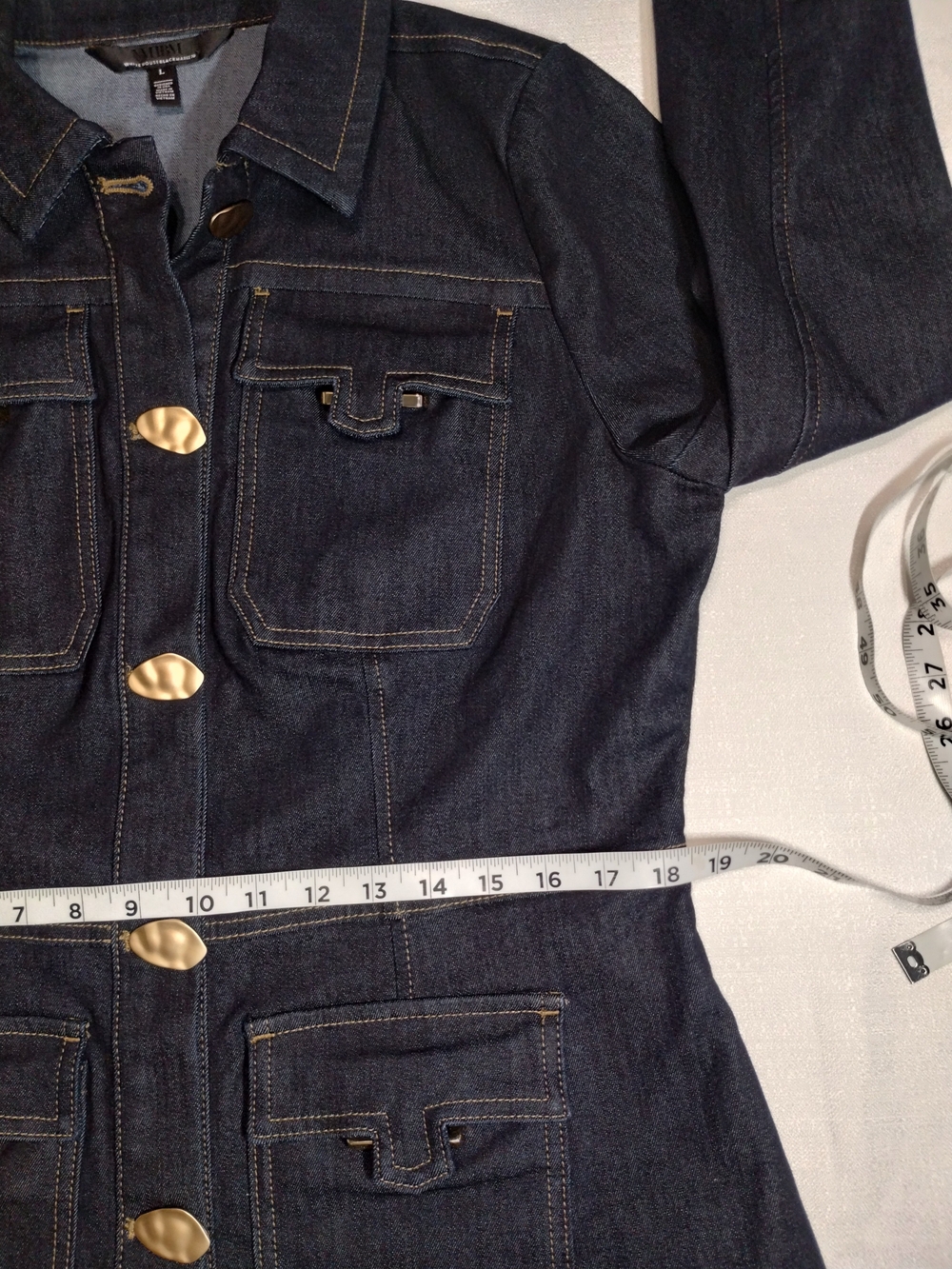 White House Black Market Navy Blue Denim Jacket with Gold Accents - Picture 6 of 12